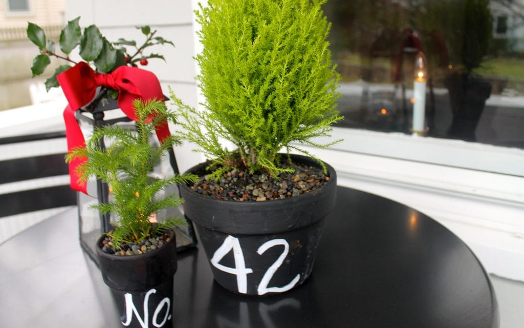 little pots with our address and Christmas trees for the front porch little pots with our address and Christmas trees for the front porch