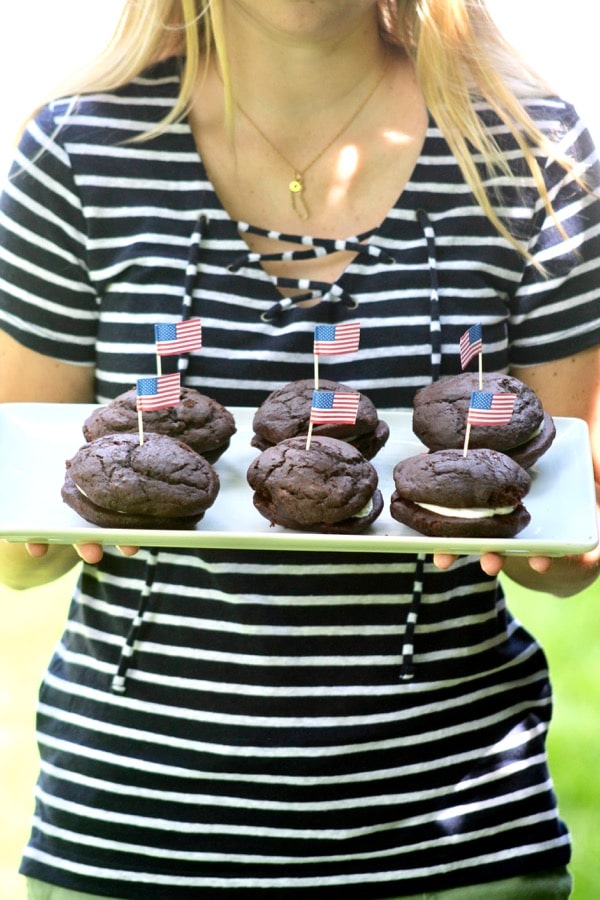 Whoopie Pies with Tiny USA Flags for the 4th of July