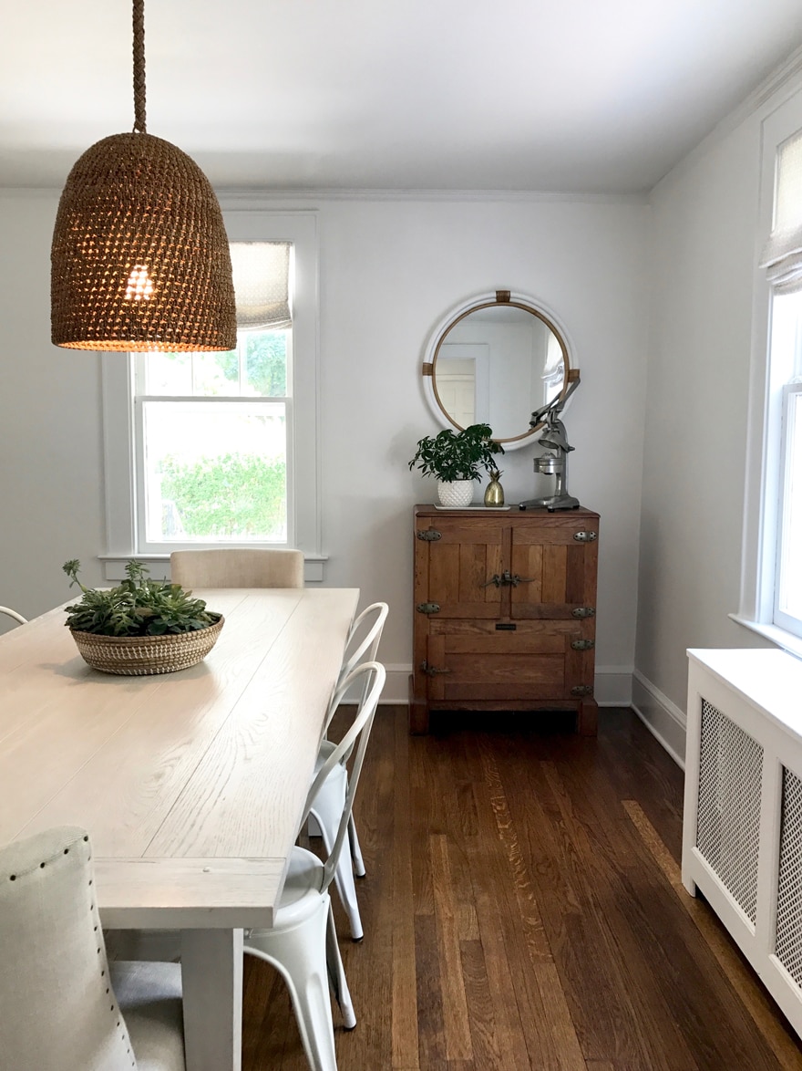 Beach Cottage Dining Room Newbury Table from Serena & Lily with Palecek Pendant