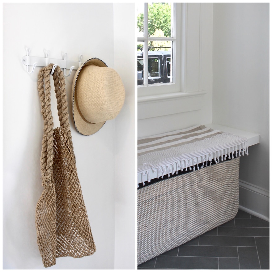 A tiny entry way with built-in bench and herrigbone floors