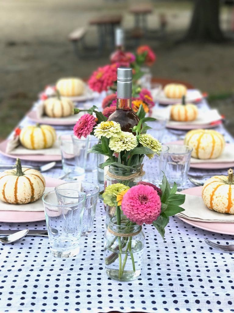 long-island-sound-beach-tablescape-zinnias-pink-orange-pumpkins-autumn