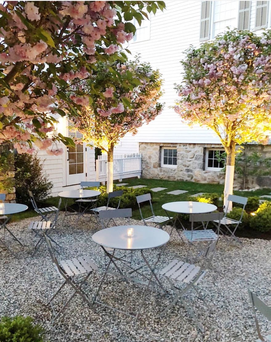 cafe tables and chairs, pea gravel