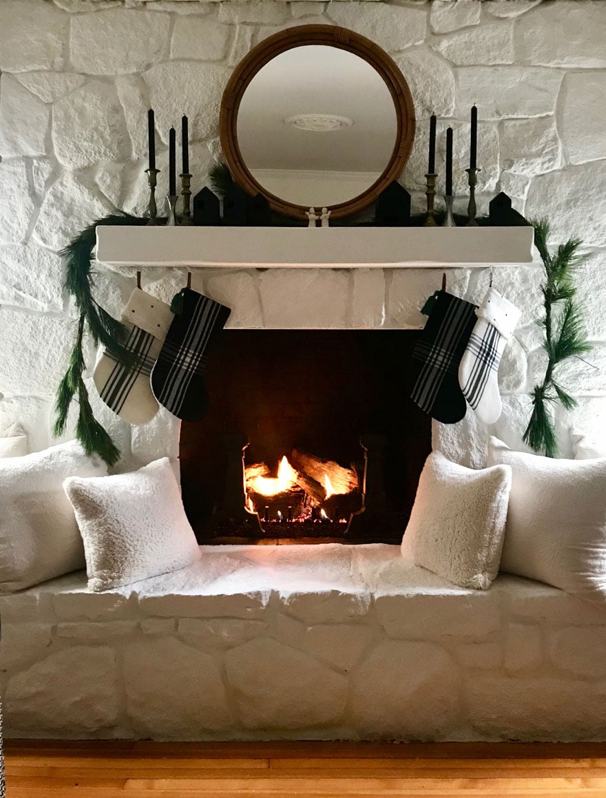 white stone fireplace