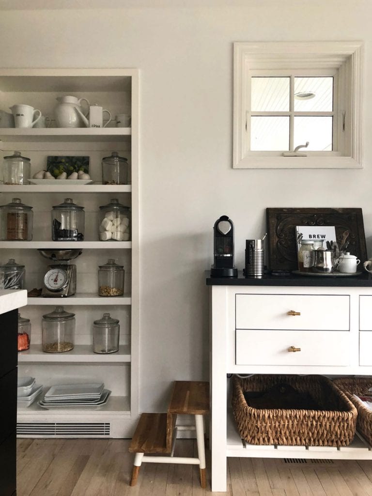 open pantry shelving, coffee station
