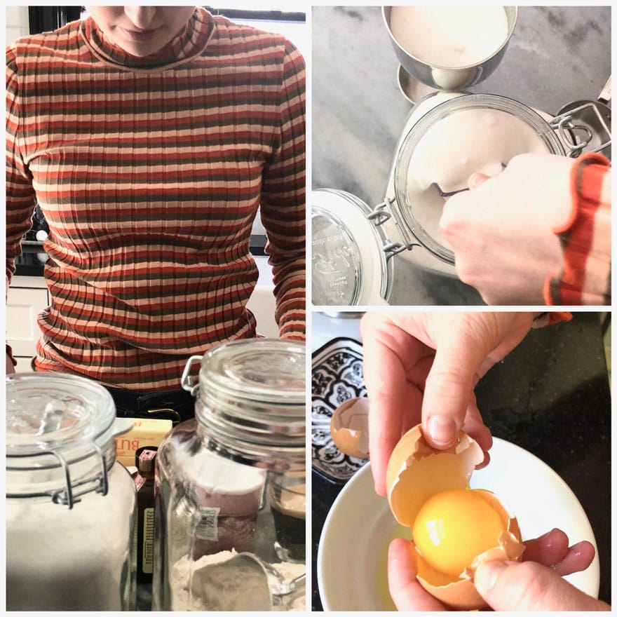 girl in stripe shirt with baking ingredients