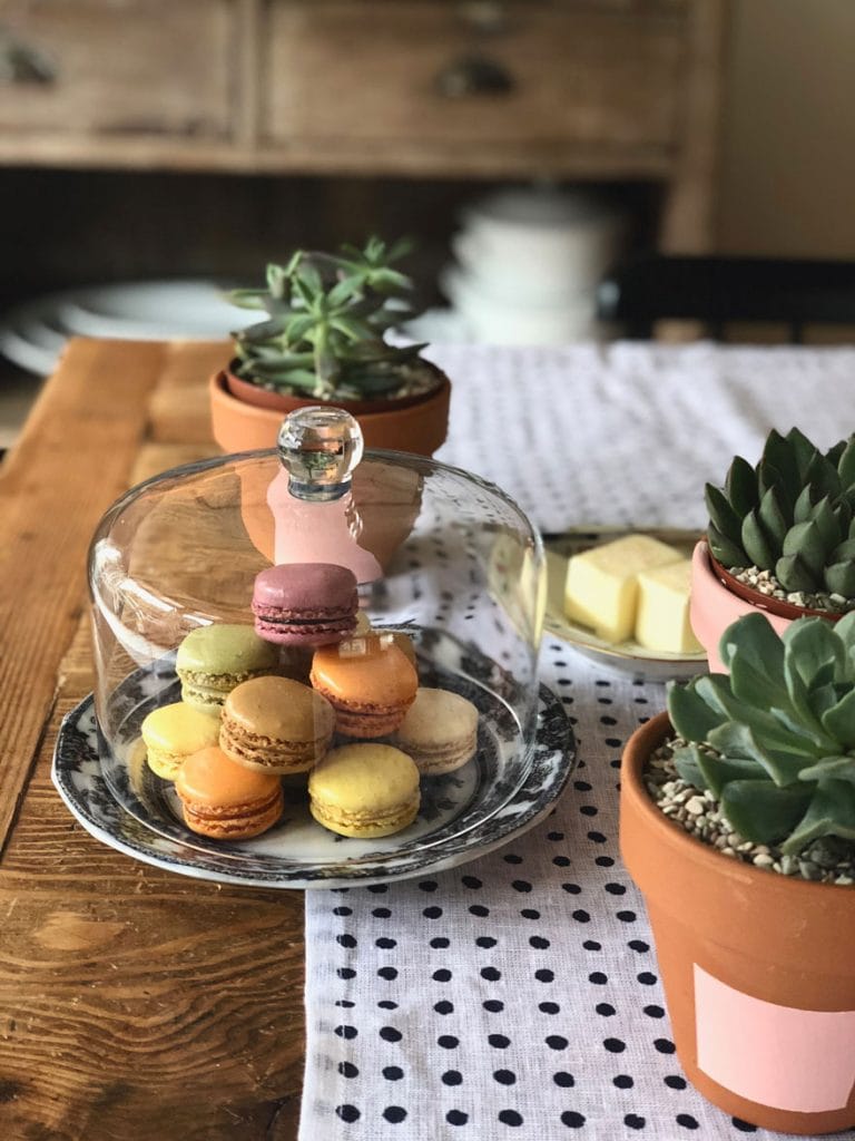 macarons on vintage ironstone plate with glass dome