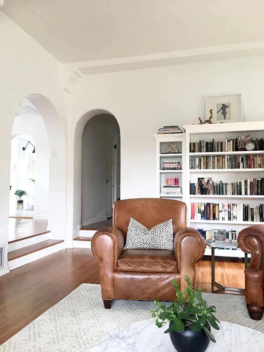 leather chair, built-in bookcases 