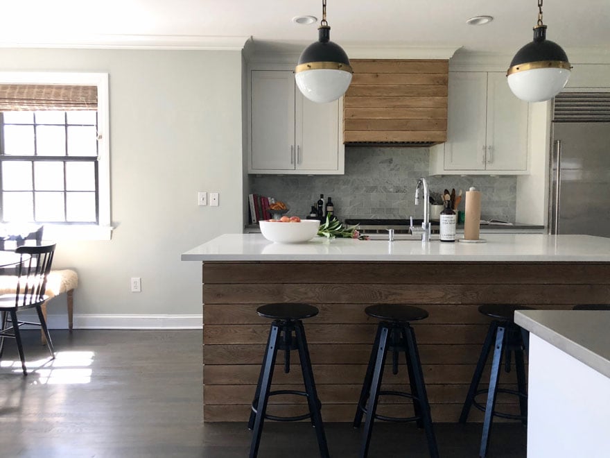 kitchen island, pendant lighting, hood over range