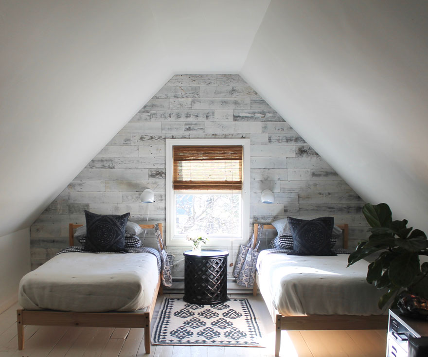 twin beds, attic space window