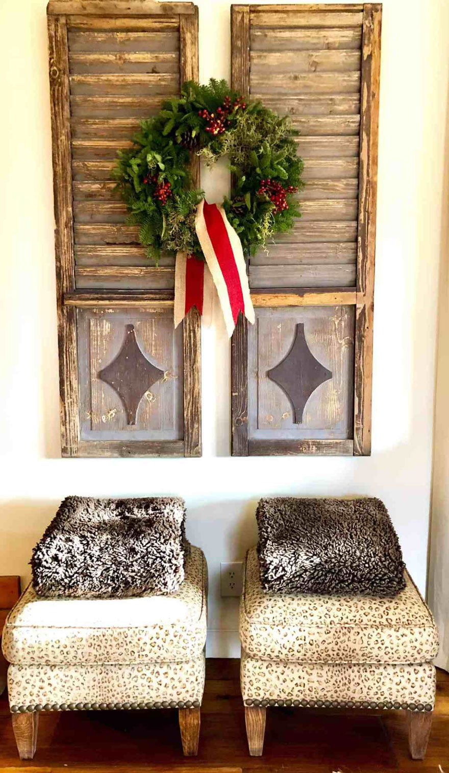 vintage shutters, wreath, ottomans