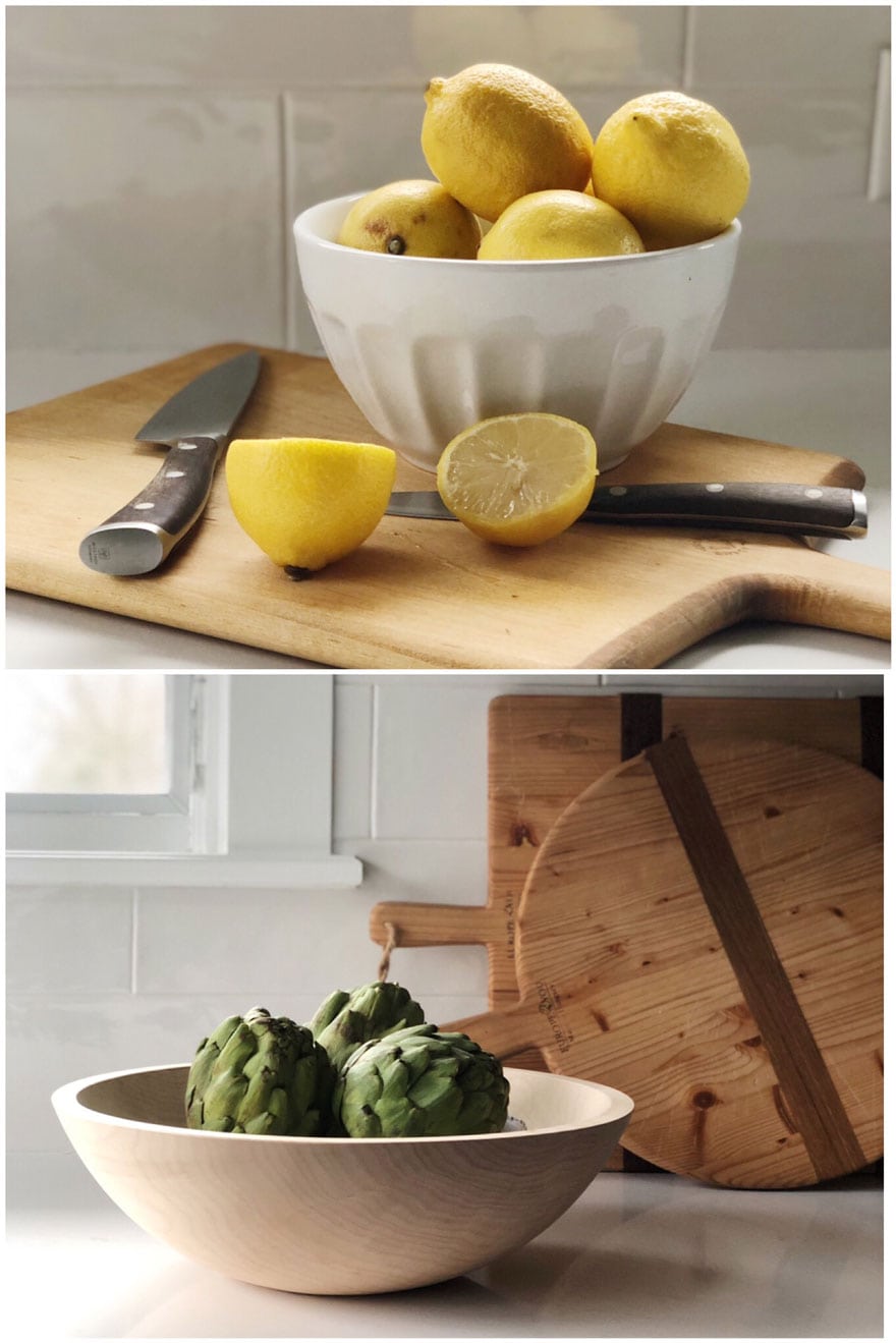 lemons, artichokes, cutting boards, knife