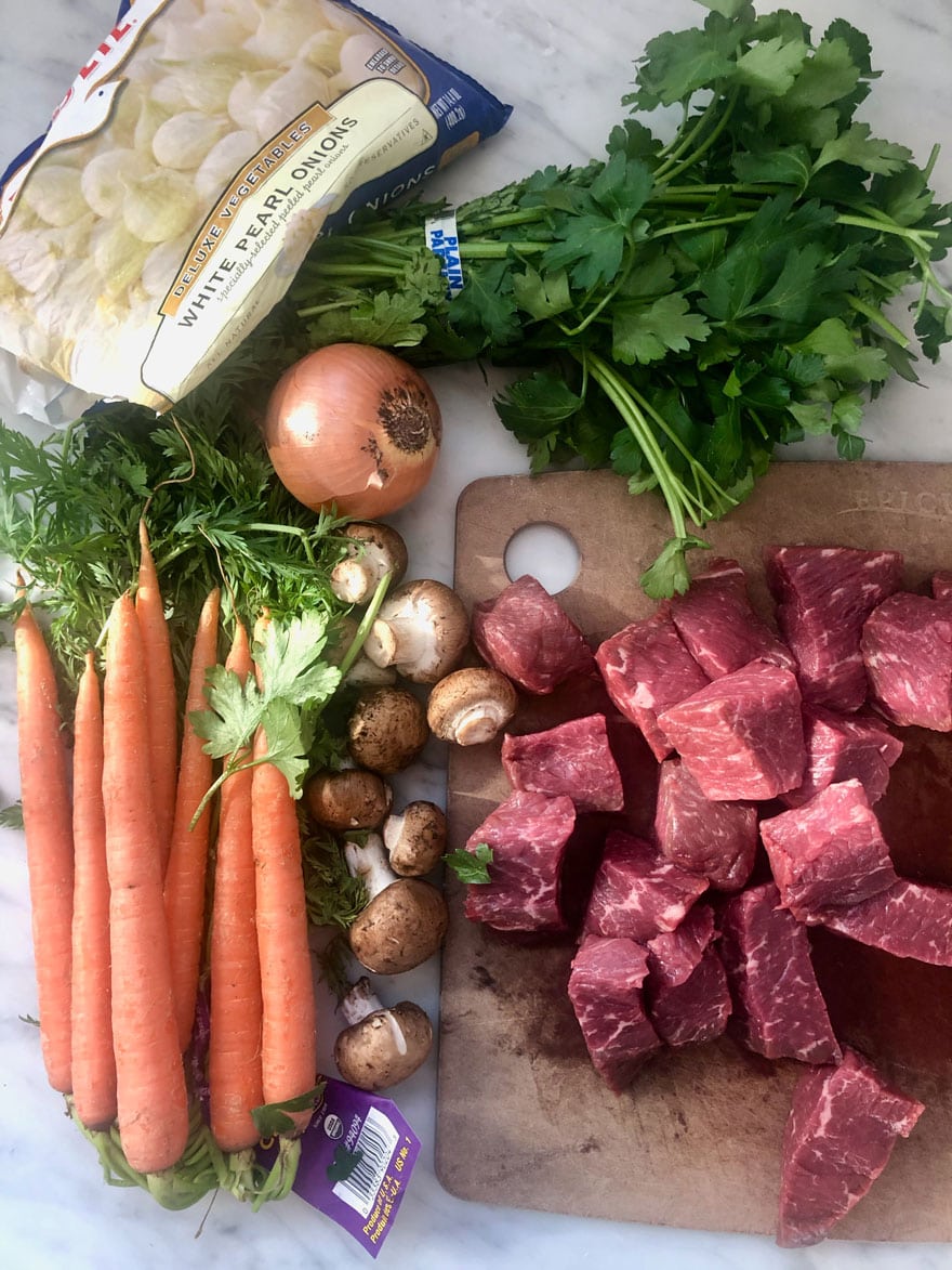 meat, carrots, mushrooms, onions