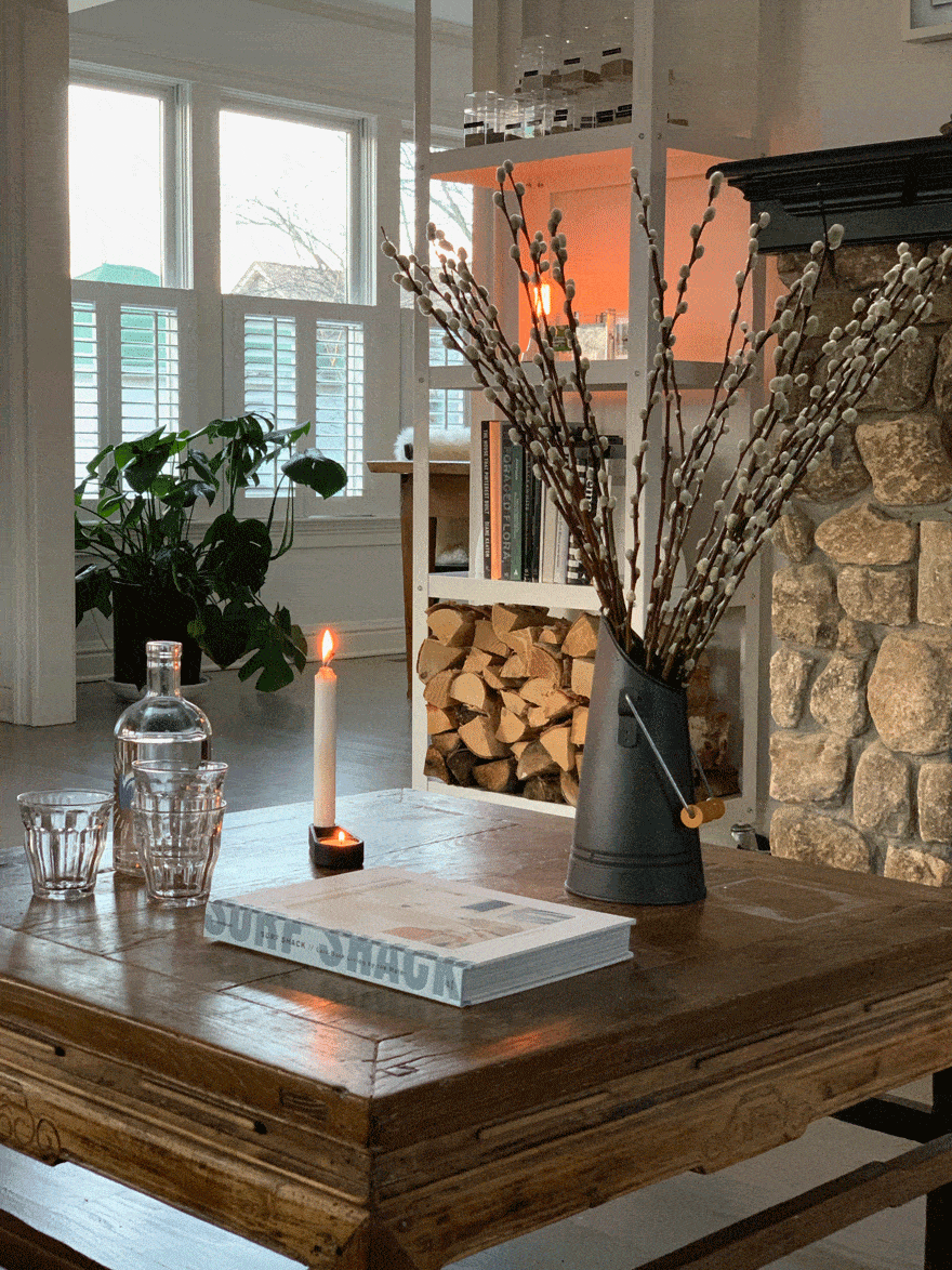 book, candle, water, glasses, wood stacked on shelf, willows in black vase, shutters on windows