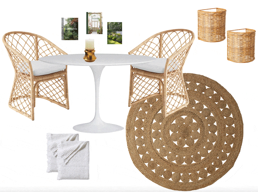 round white table, rattan chairs, books, throws, chairs