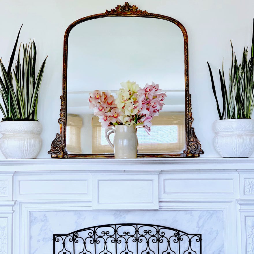 white mantel, gold mirror, orchids and snake plants in white pots