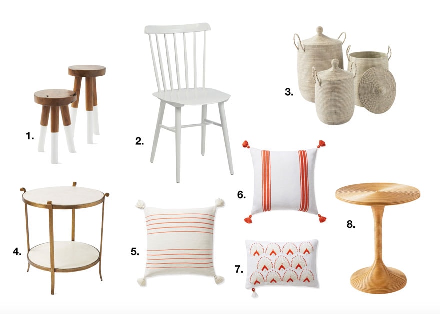 chair, pillows, side tables. stools