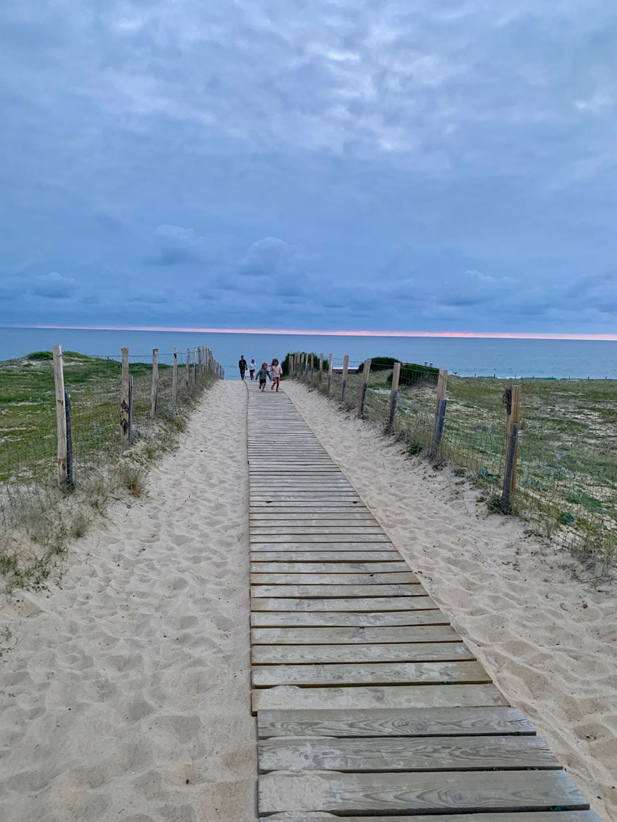 wooden path leading to beach at sunset