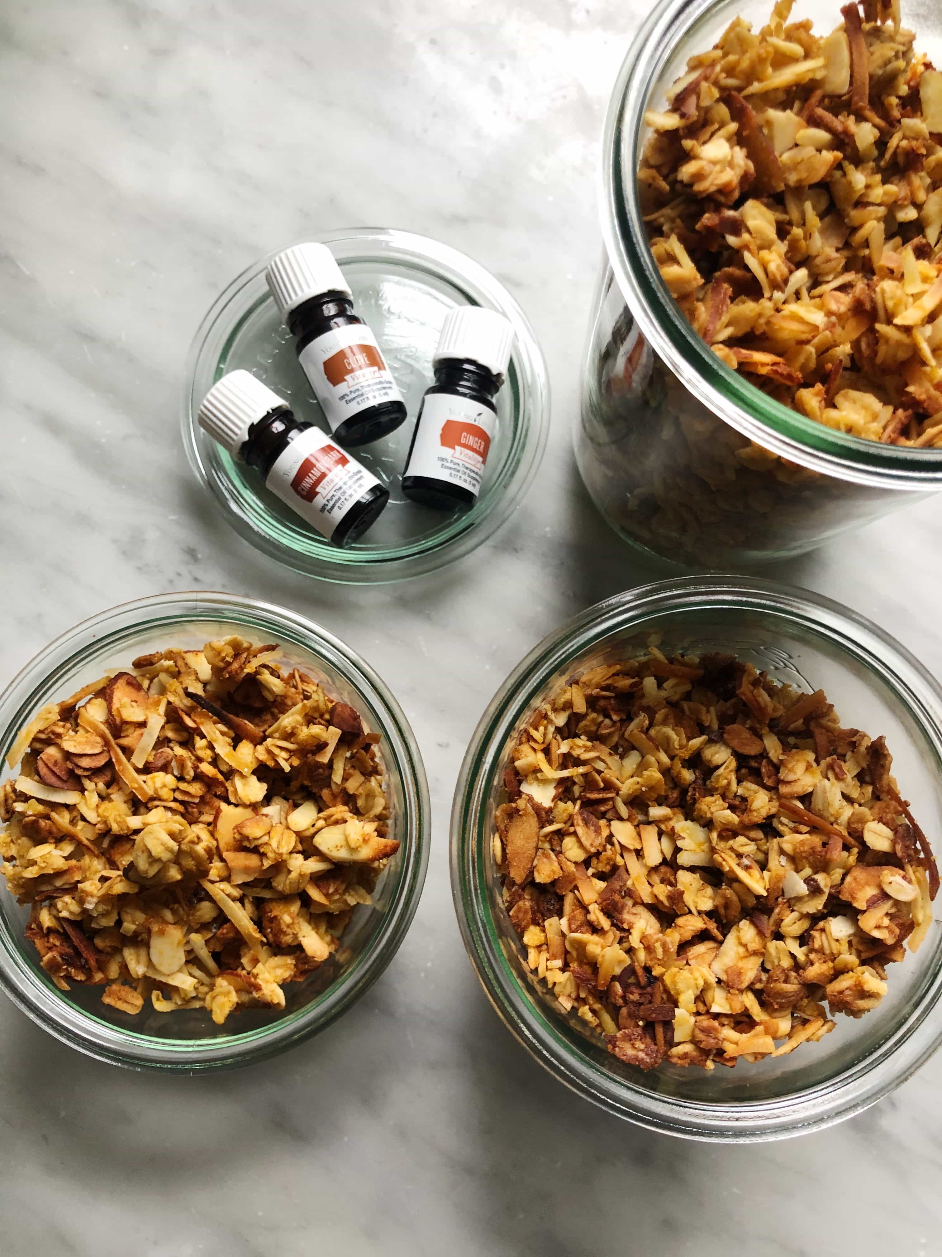 jars of granola and essential oils