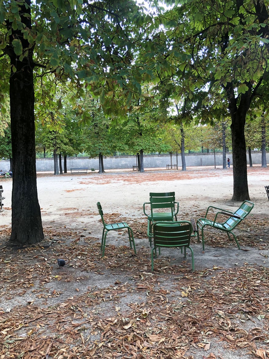 green garden chairs, trees. leaves on ground, paths