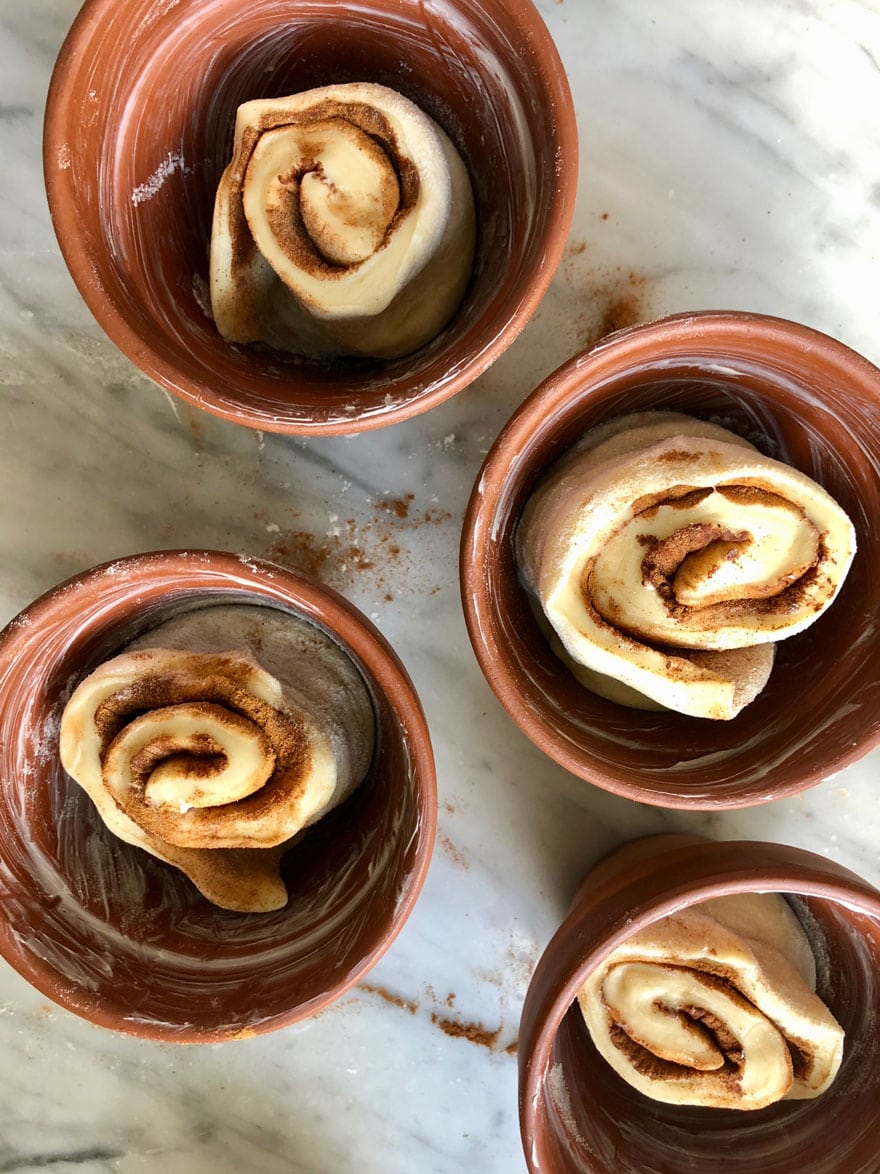cinnamon swirl bread in flower pots ready for the oven