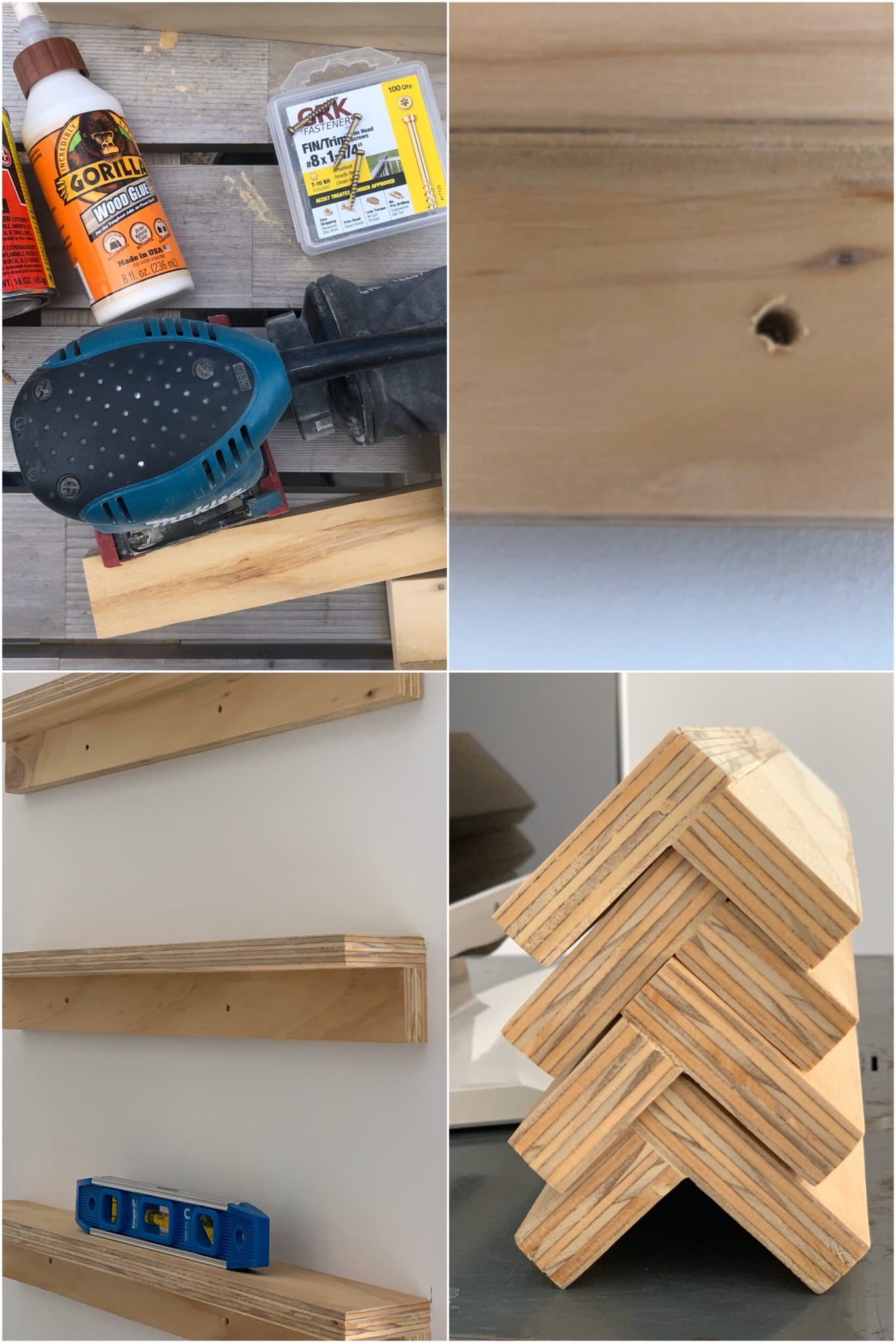 4 photos of wood, tools