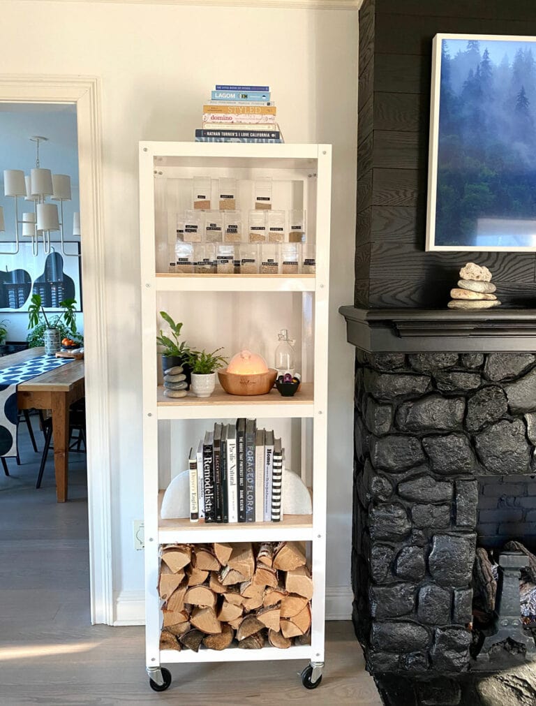 white book shelf and painted stone fireplace in black