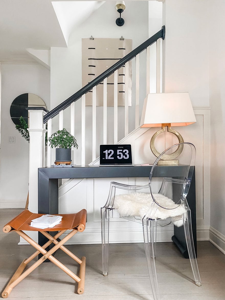 console table with lamp, chair, stooll