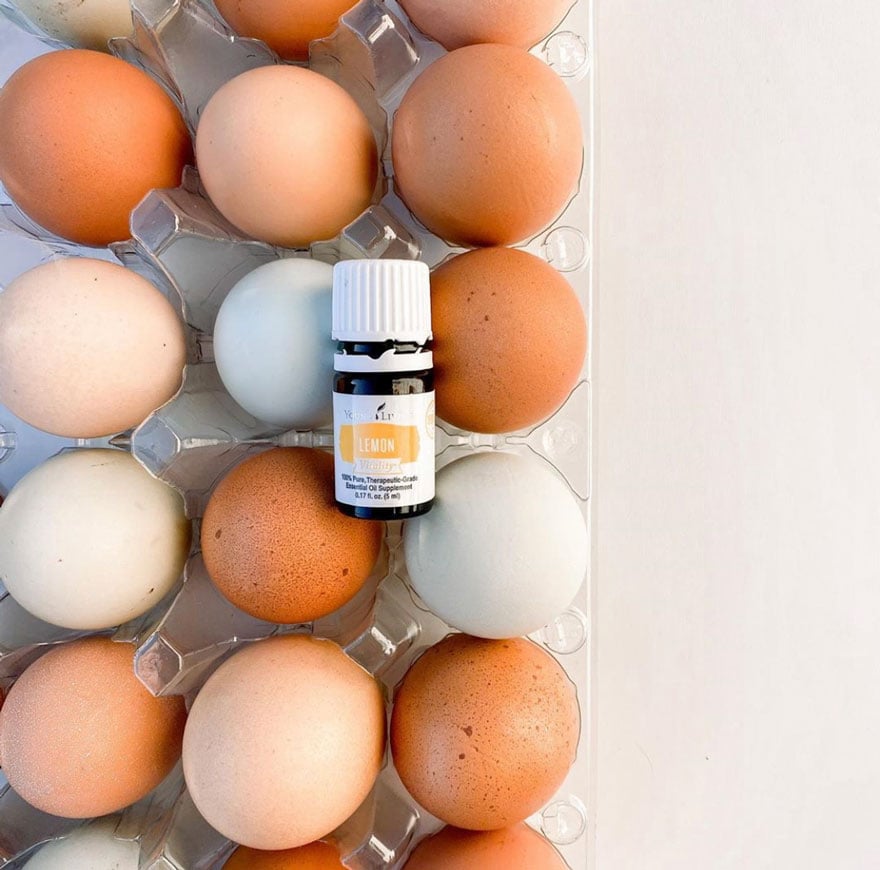 natural colored eggs with small bottle of lemon oil