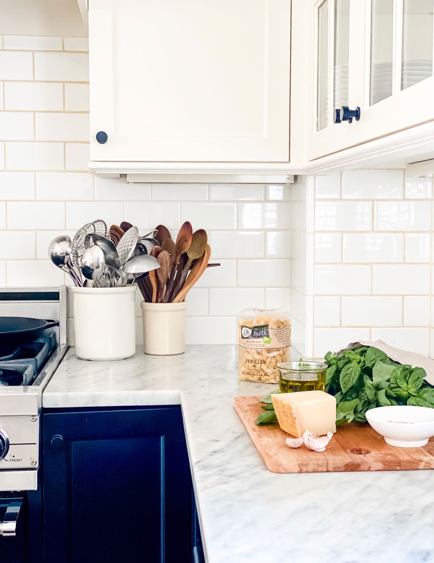 black and white kitchen with igredients