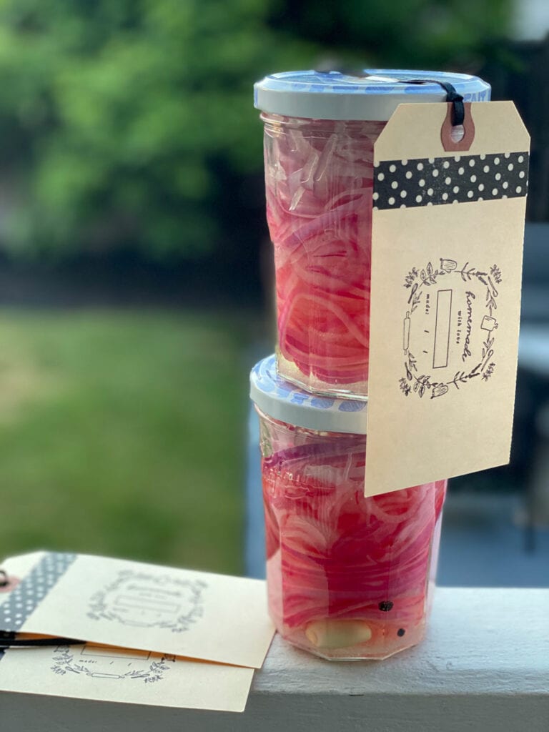 jars of pickled red onions on ledge with green faded out background