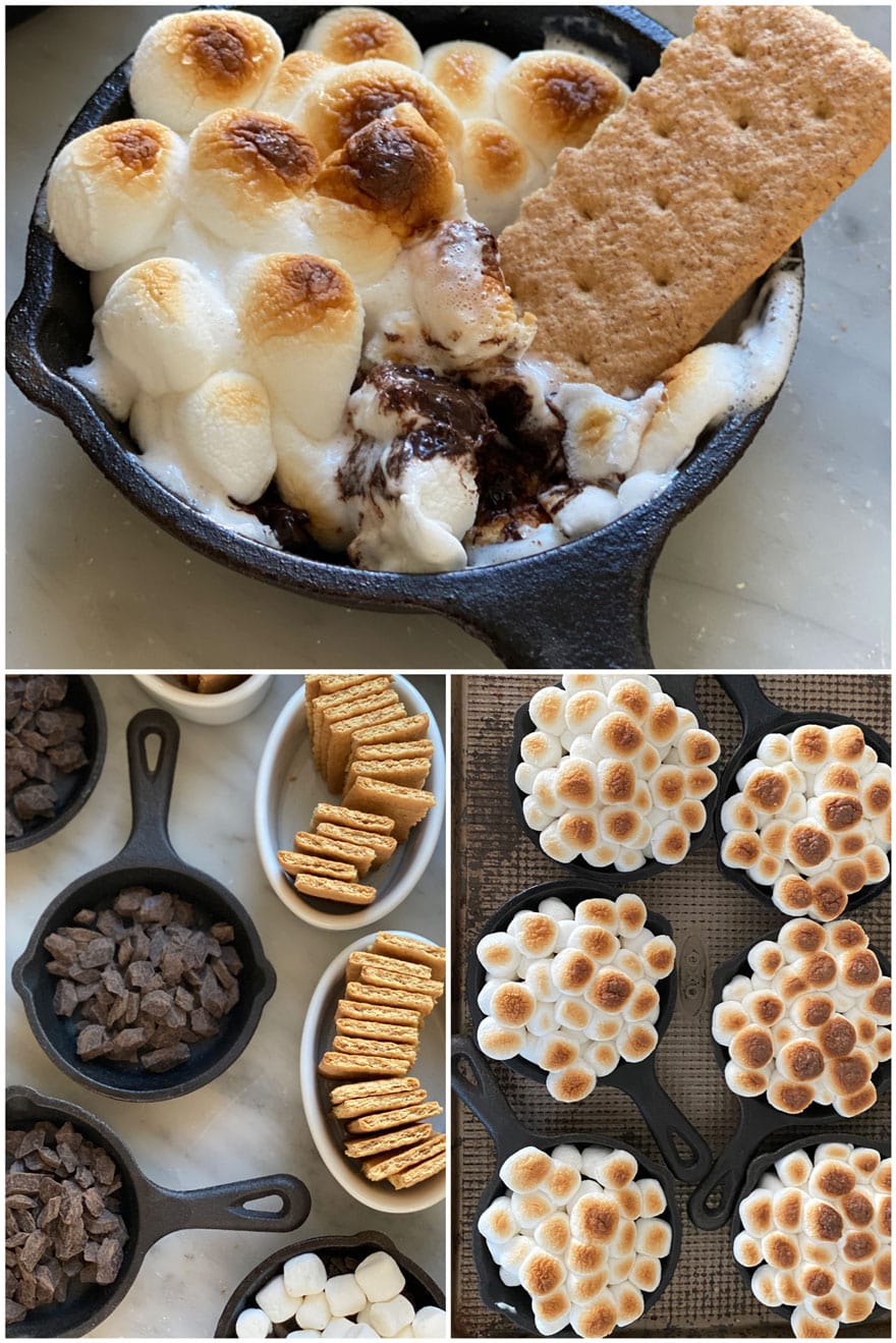 a small skillet with toasted marshmallows and a ramekin of graham crackers