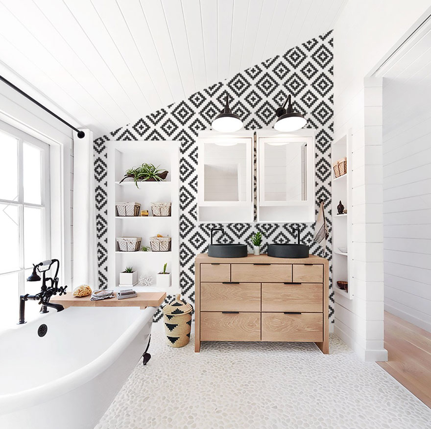 bathroom with large tub, wood vanity, black and white wallpaper with built-in shelving in white