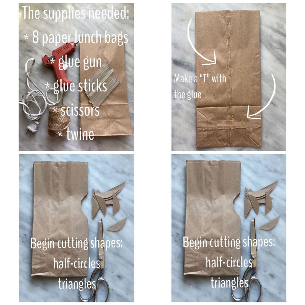 Step-by-step instructions for making paper bag snowflakes with text over photos.