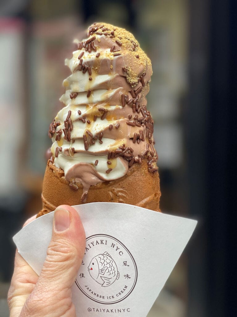One of our favorite desserts in NYC is a ice cream cone from Teriyaki. You choose the cone (we go for the fish shaped one), the custard in the bottom of the cone and then the soft serve ice cream flavor and toppings! Fun and delicious!