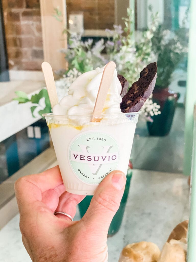 Vesuvio Bakery also has soft-serve gelato drizzled with olive oil and topped with a dark chocolate biscotti.