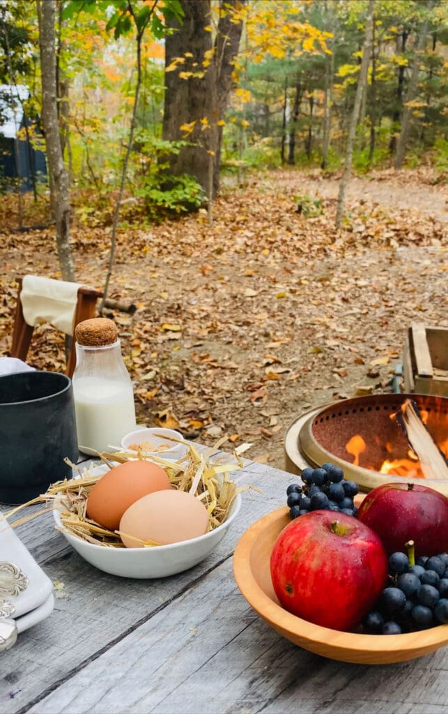 Breakfast and a fire at The Lost Kitchen Cabins in Freedom, Maine