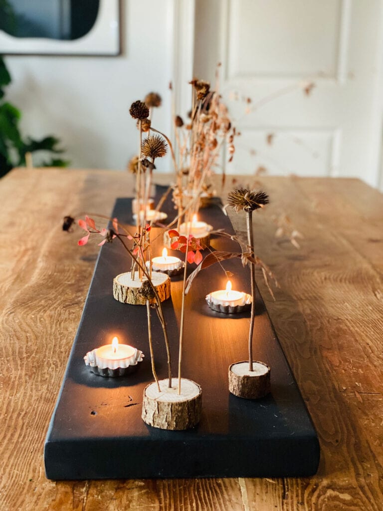 Farmhouse Plank with Wood Stem Stands & Foraged Flowers