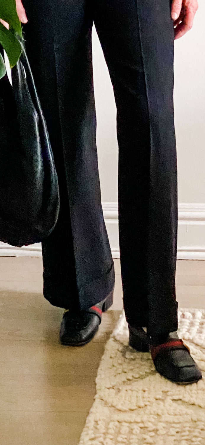 wide leg black pants and Gucci loafers
