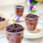 Chocolate Budino in little cups with a cookie topping for "dirt" and en edible flower