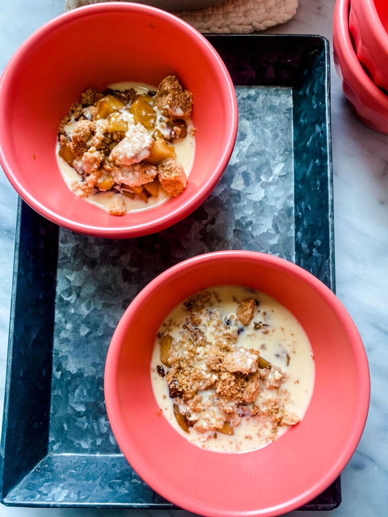 Pink bowls with Humble Crumble and toppings.