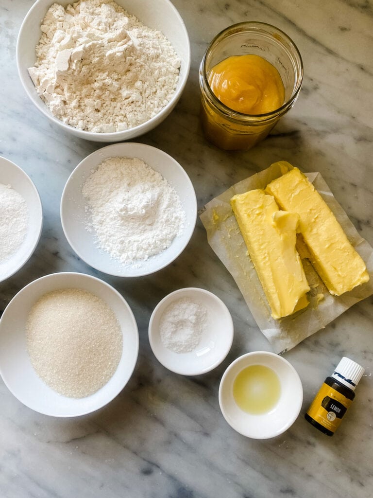 All the ingredients for lemon shortbread cookies with lemon curd.
