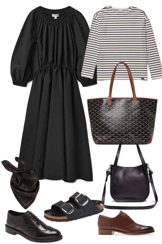COS dress with all black, black and brown and wicollage od stripes and Birkenstocks, black dress, bags, shoes