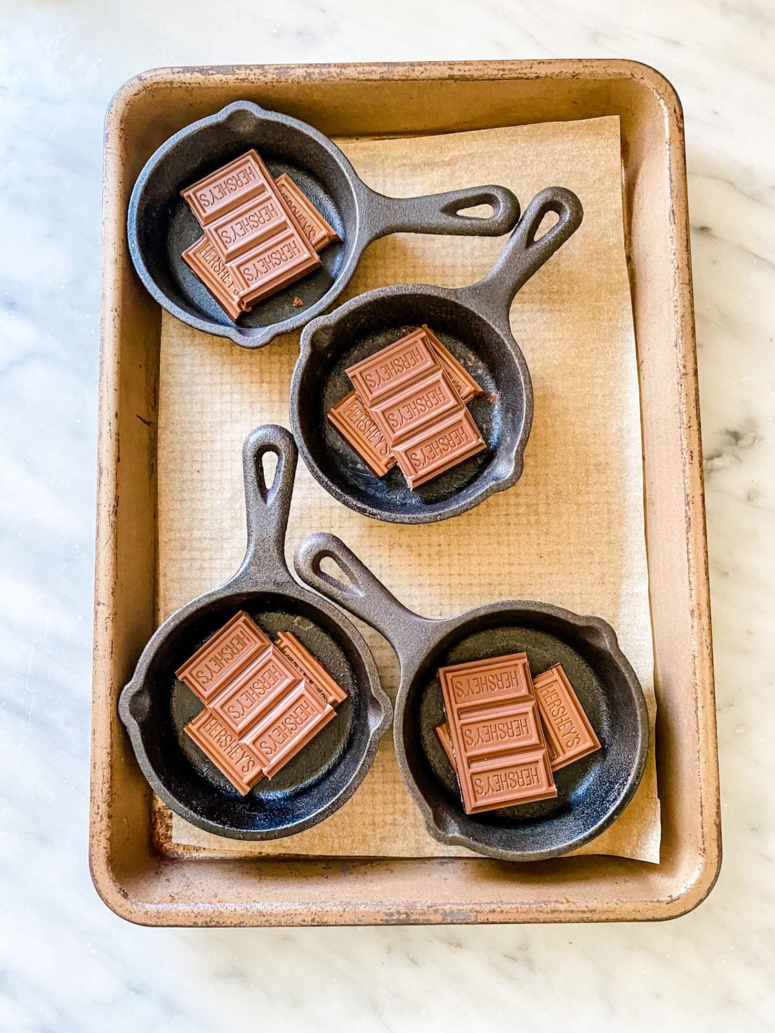 Mini Lodge Cast Iron Skillets with Hershey's chocolate pieces 