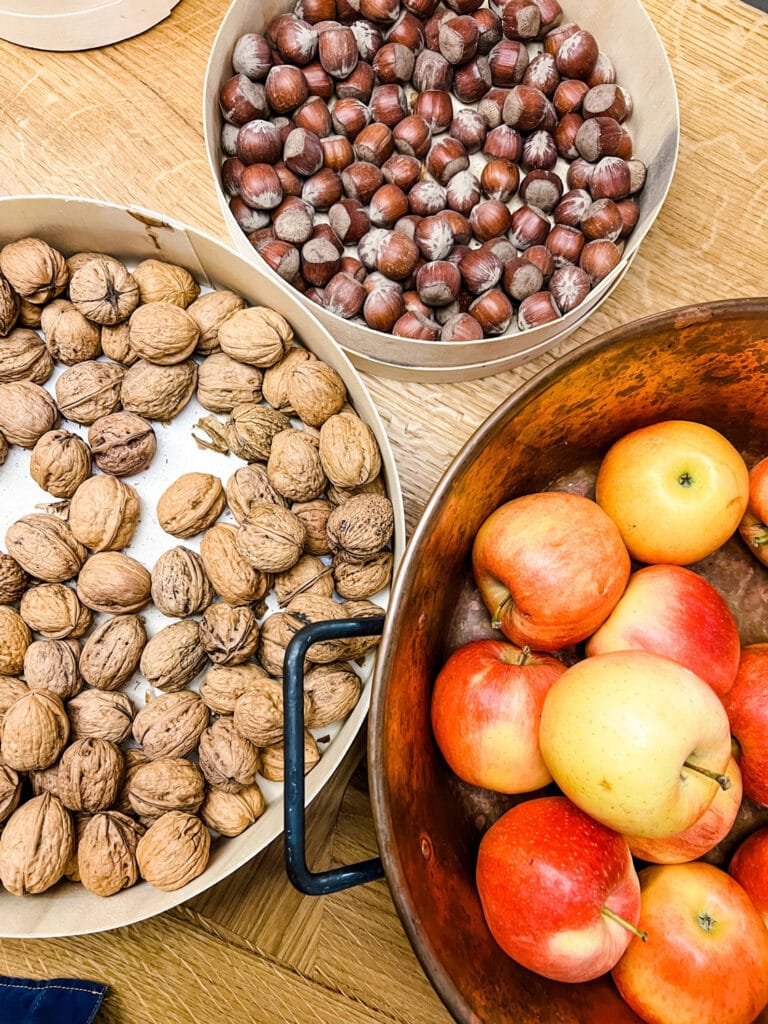 nuts, fruit on table