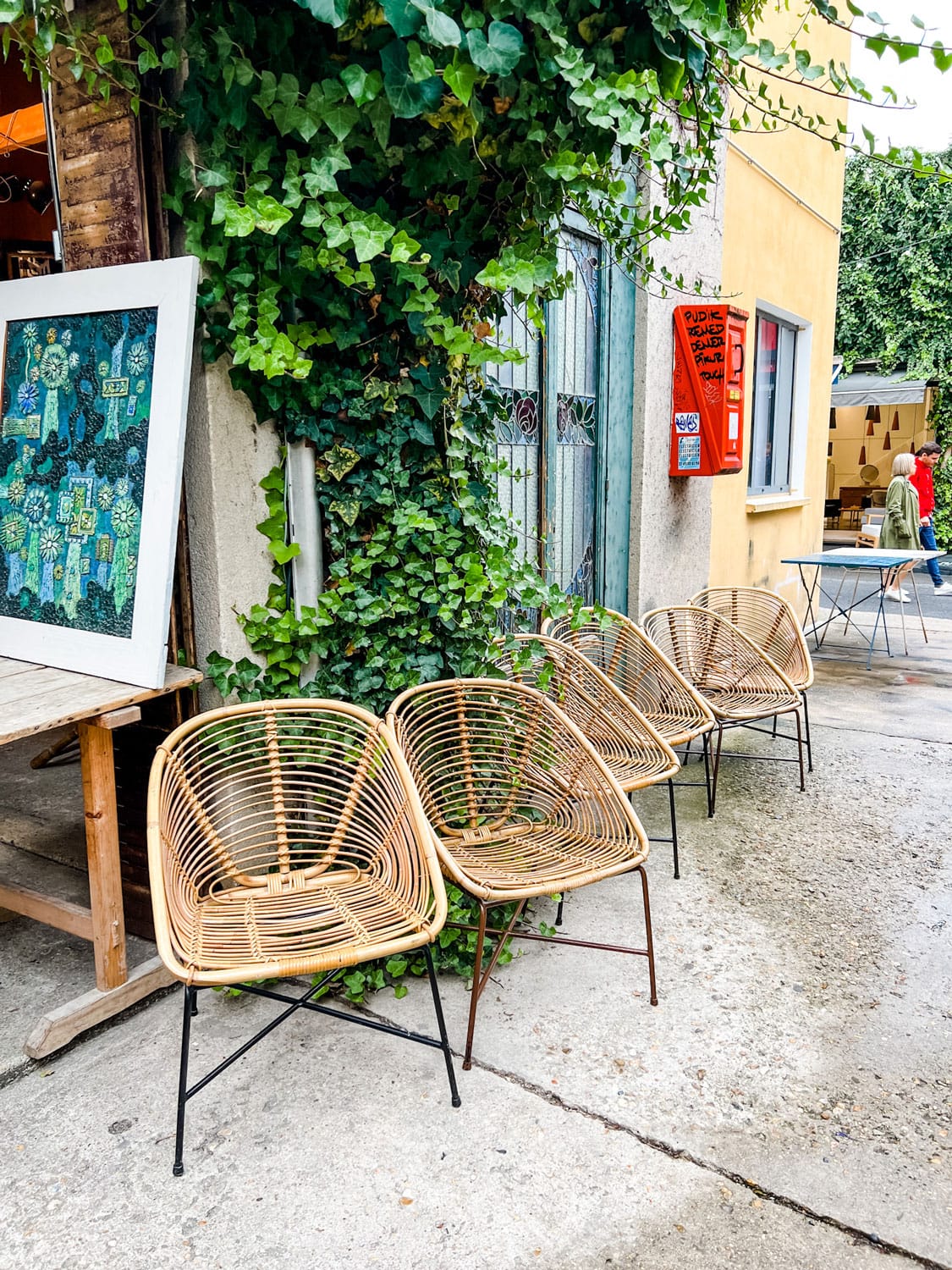 Modern rattan chairs at Paul Bert Flea Market in Paris