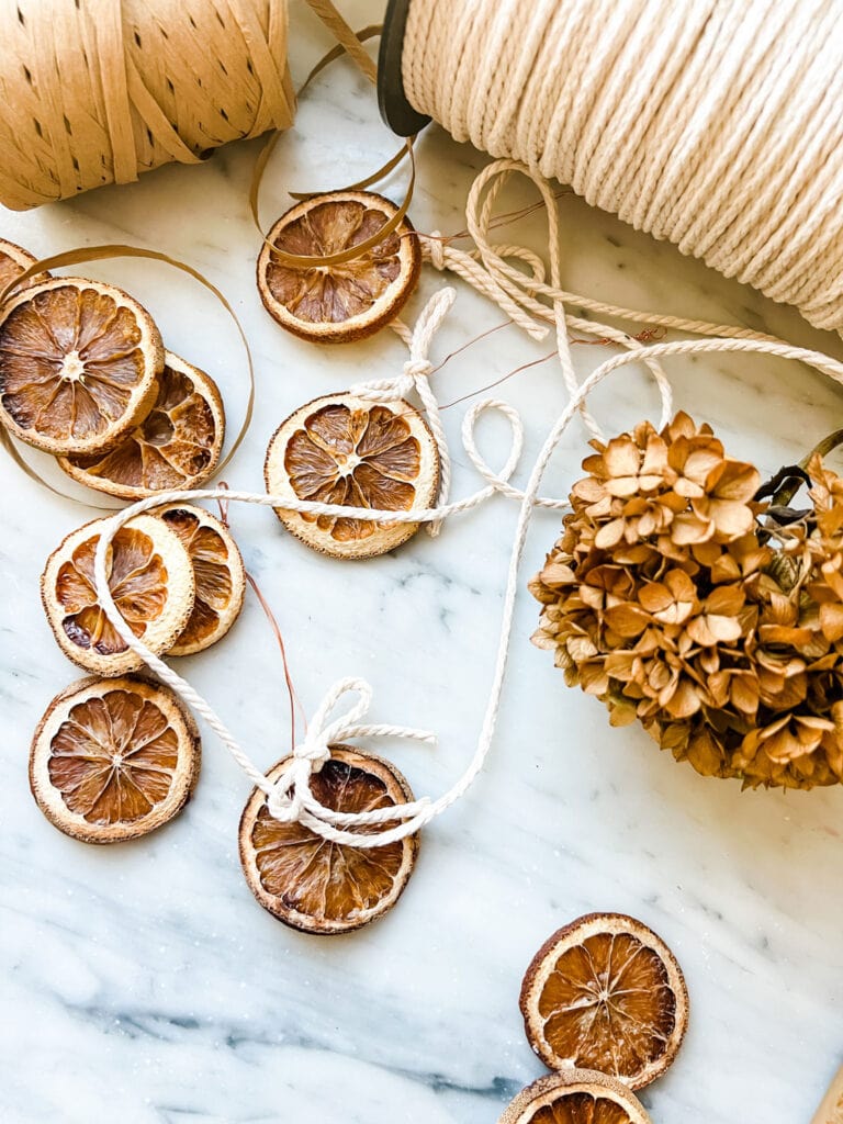 Dried hydrangeas and orange slice ornaments