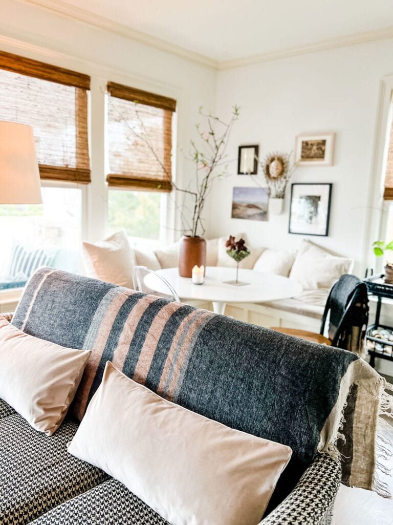 6 simple ways to refresh your home for spring that includes gorgeous new pillows by Arianna Belle in custom sizes that work beautifully on the sofa and the chairs.