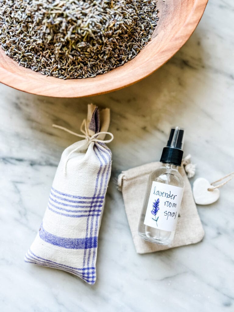 Lavender room spray and lavender sachets can be used to freshen any room or space.