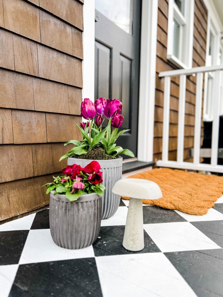 Two potted plants on a back porch next to an easy-to-make concrete mushroom.