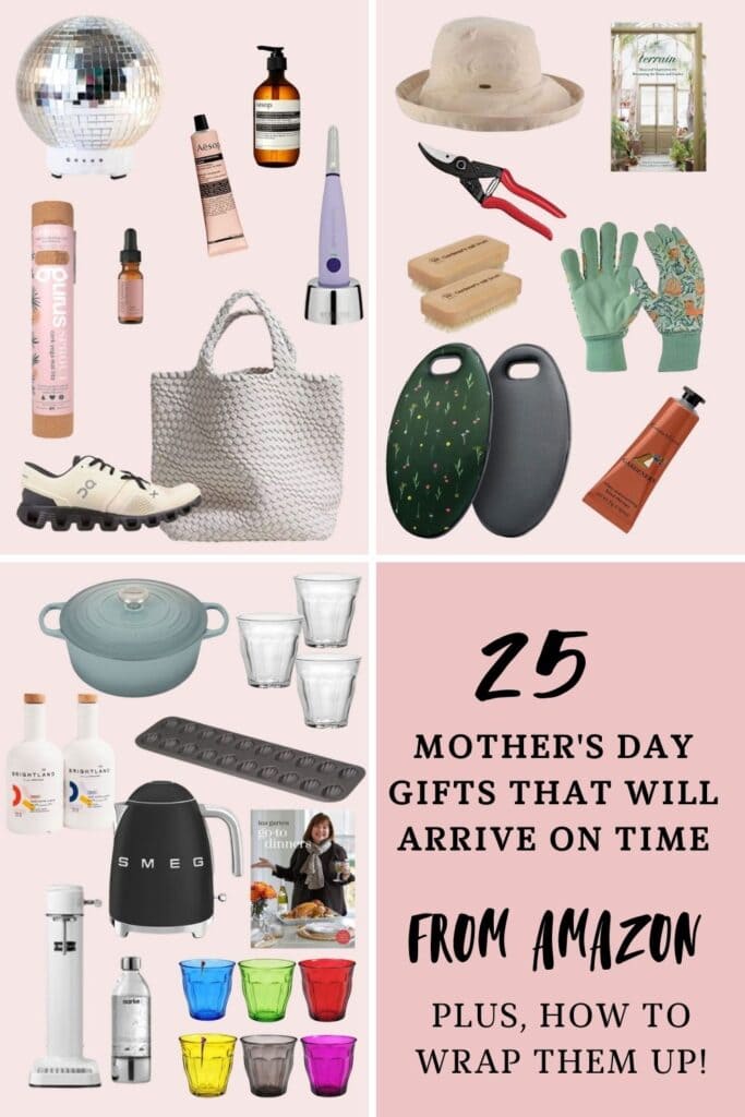 25 Mother's Day Gifts that Will Ship in Time COLLAGE WITH TWO SHADES OF PINK BACKGROUND